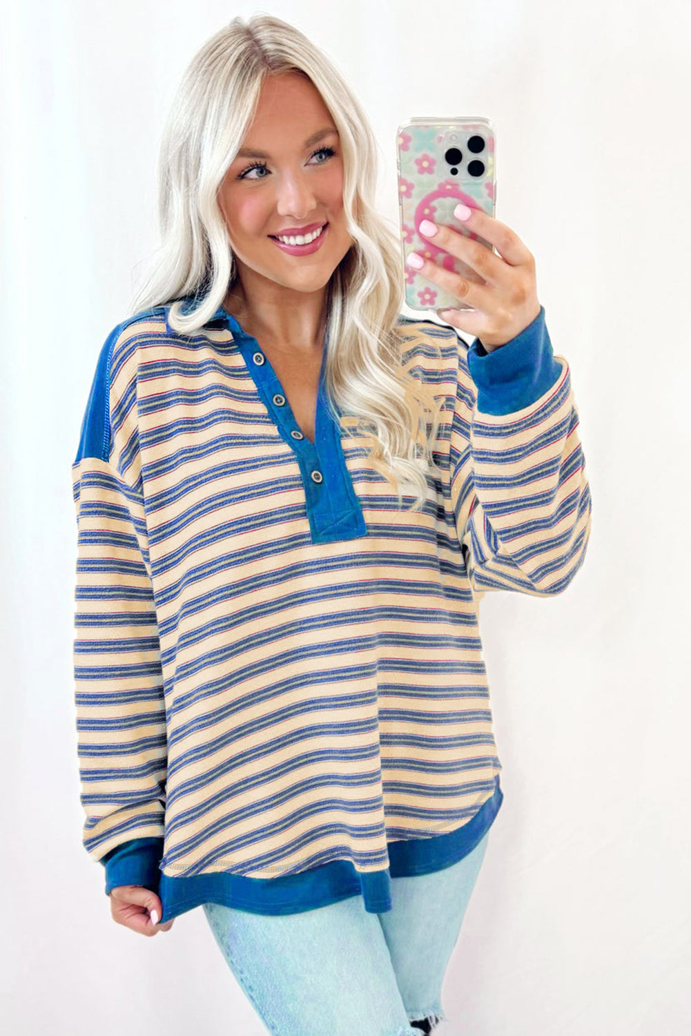 Pink Stripe Collared V Neck Drop Shoulder Top-Long Sleeve Tops-[Adult]-[Female]-2022 Online Blue Zone Planet