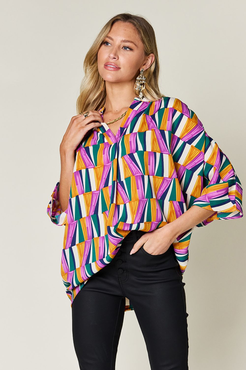 Blue Zone Planet | Double Take Full Size Geometric Notched Dolman Sleeve Top-TOPS / DRESSES-[Adult]-[Female]-Purple-S-2022 Online Blue Zone Planet