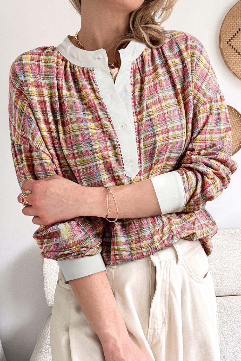 Mulit-Color Plaid Round Neck Long Sleeve Blouse-TOPS / DRESSES-[Adult]-[Female]-2022 Online Blue Zone Planet