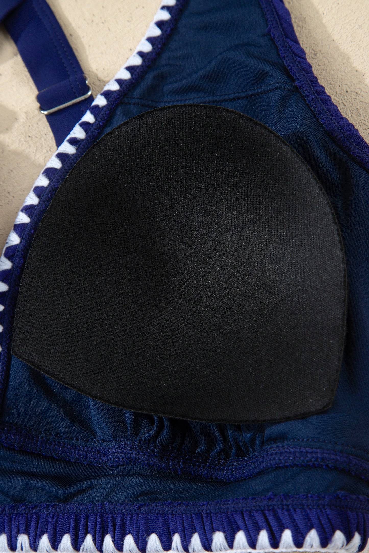 Dark Blue Shell Stitched Trim V Neck Textured Mix and Match High Waist Bikinis-Swimwear/Bikinis-[Adult]-[Female]-2022 Online Blue Zone Planet