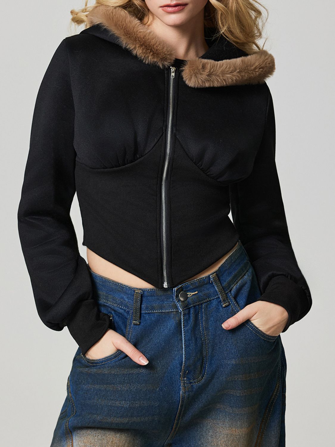 Zip Up Long Sleeve Fuzzy Hem Hooded Jacket-TOPS / DRESSES-[Adult]-[Female]-2022 Online Blue Zone Planet