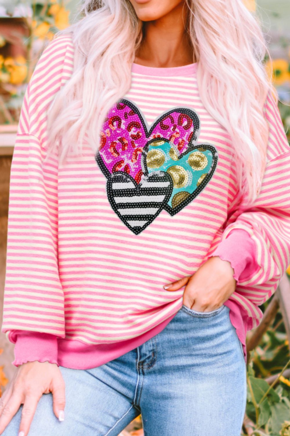 Striped Sequin Heart Round Neck Long Sleeve Sweatshirt-TOPS / DRESSES-[Adult]-[Female]-2022 Online Blue Zone Planet