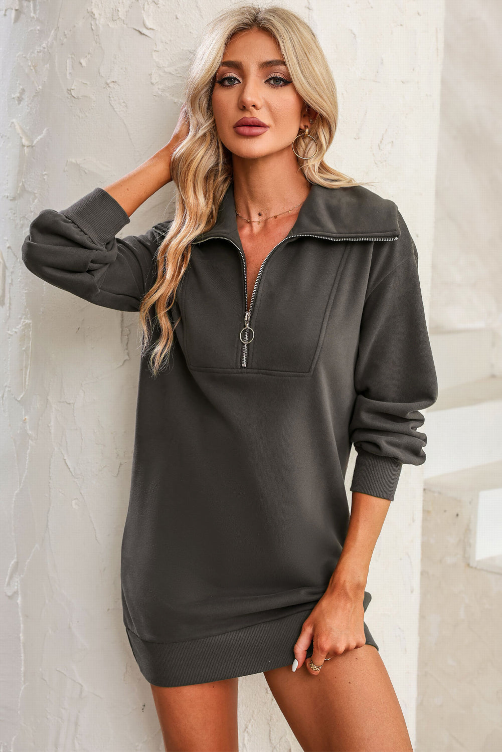 Half Zip Dropped Shoulder Mini Sweatshirt Dress-TOPS / DRESSES-[Adult]-[Female]-2022 Online Blue Zone Planet