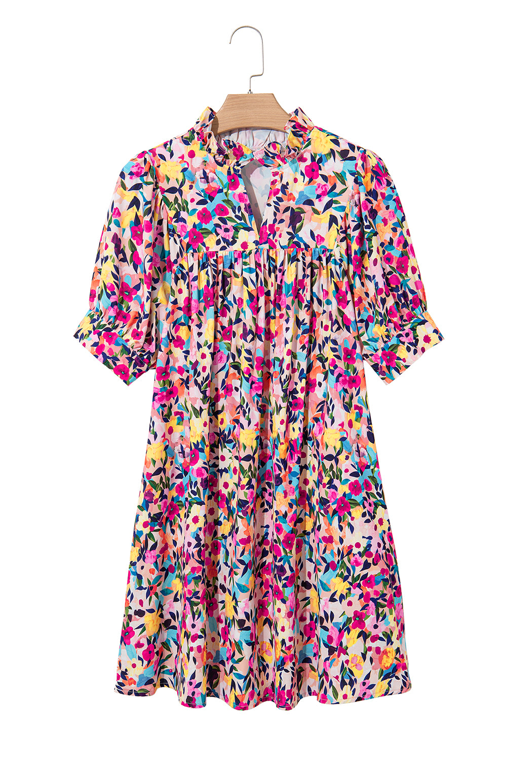 Pink Floral Puff Short Sleeve V Neck Mini Dress-TOPS / DRESSES-[Adult]-[Female]-2022 Online Blue Zone Planet