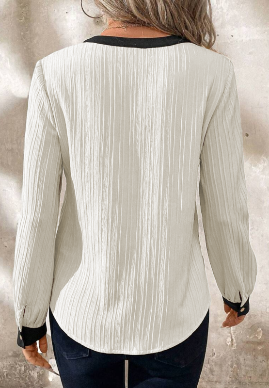 Contrast Notched Long Sleeve Blouse-TOPS / DRESSES-[Adult]-[Female]-2022 Online Blue Zone Planet