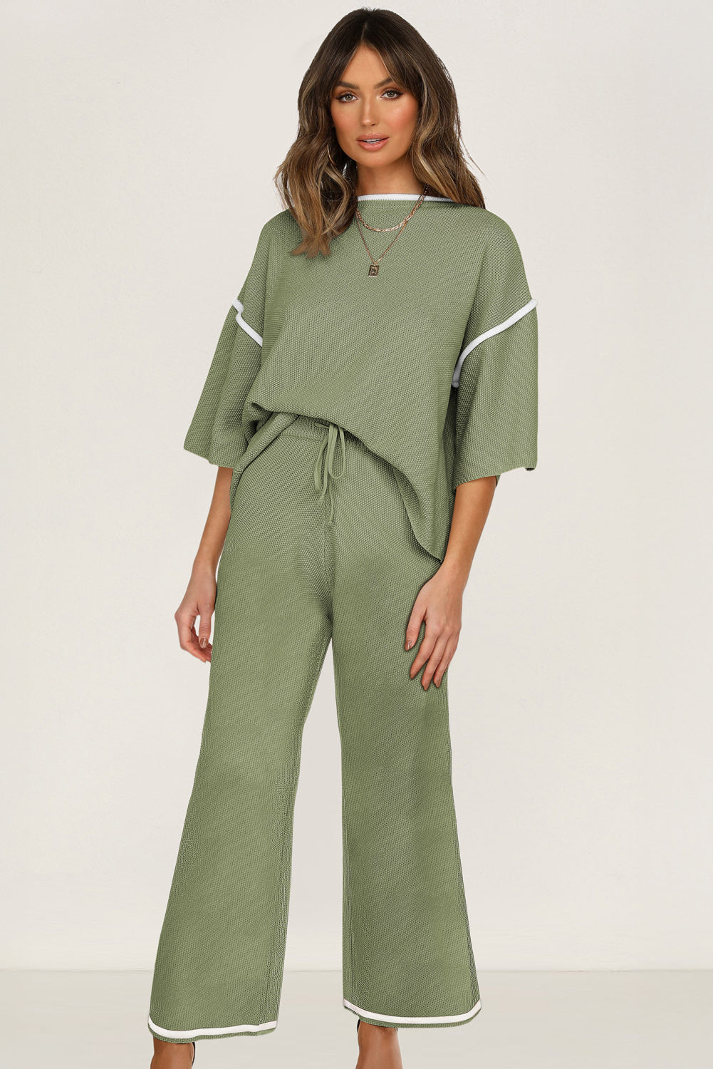 Bright Pink Contrast Trim Half Sleeve Top Drawstring Pants Loose 2pcs Sweater Suit-TOPS / DRESSES-[Adult]-[Female]-2022 Online Blue Zone Planet