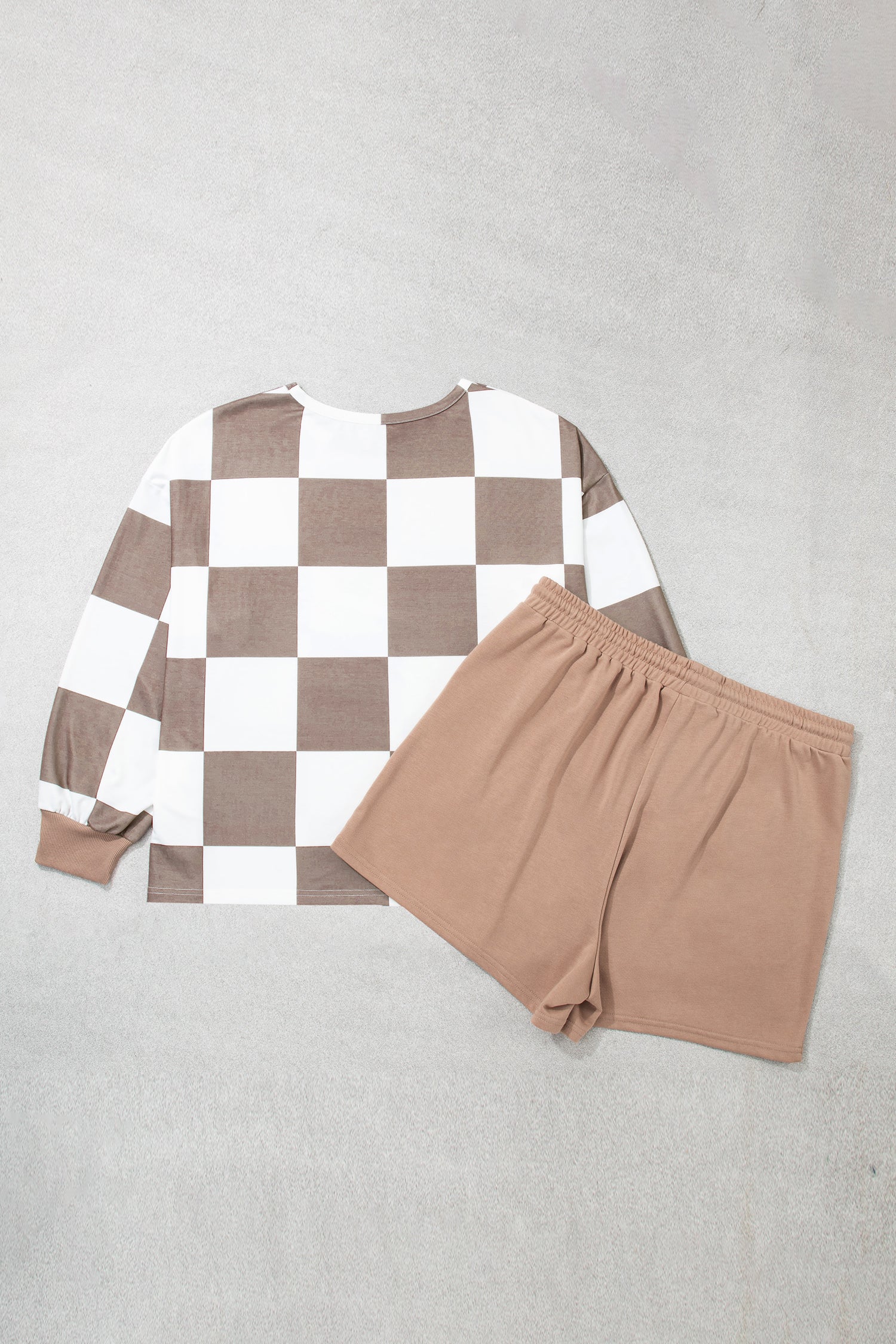 Khaki Checkered Contrast Long Sleeve Top Solid Shorts Plus Size 2pcs Set-Plus Size/Plus Size Loungewear-[Adult]-[Female]-2022 Online Blue Zone Planet