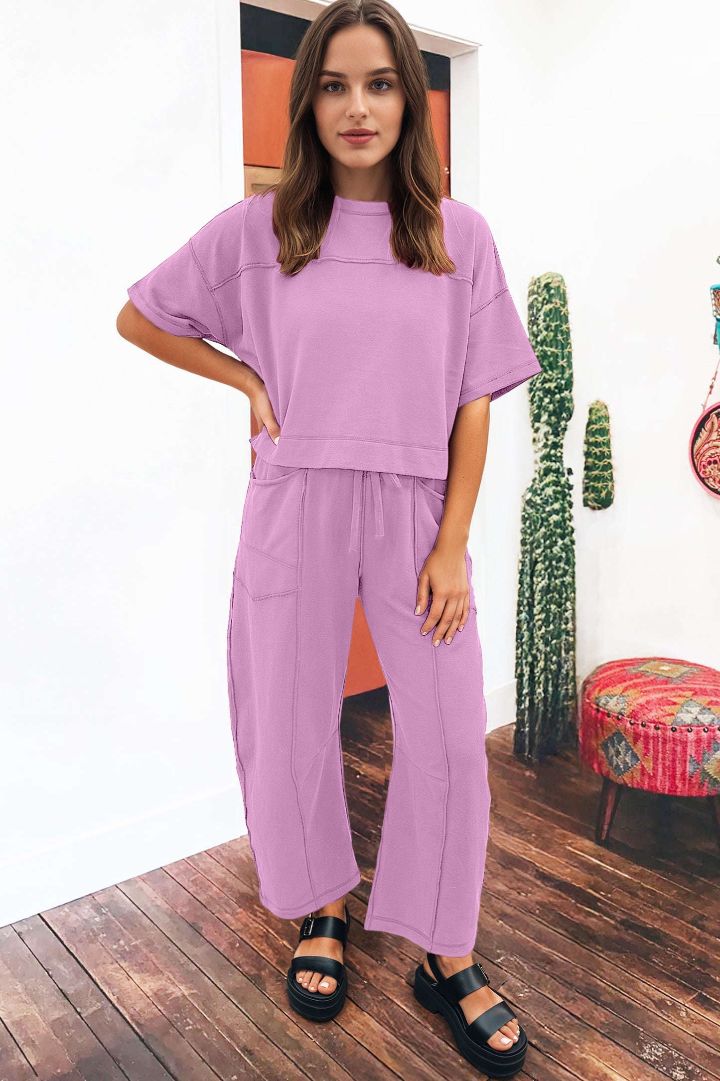 Sky Blue Drop Shoulder Boxy Tee and Barrel Pants Set-Two Piece Sets/Pant Sets-[Adult]-[Female]-2022 Online Blue Zone Planet