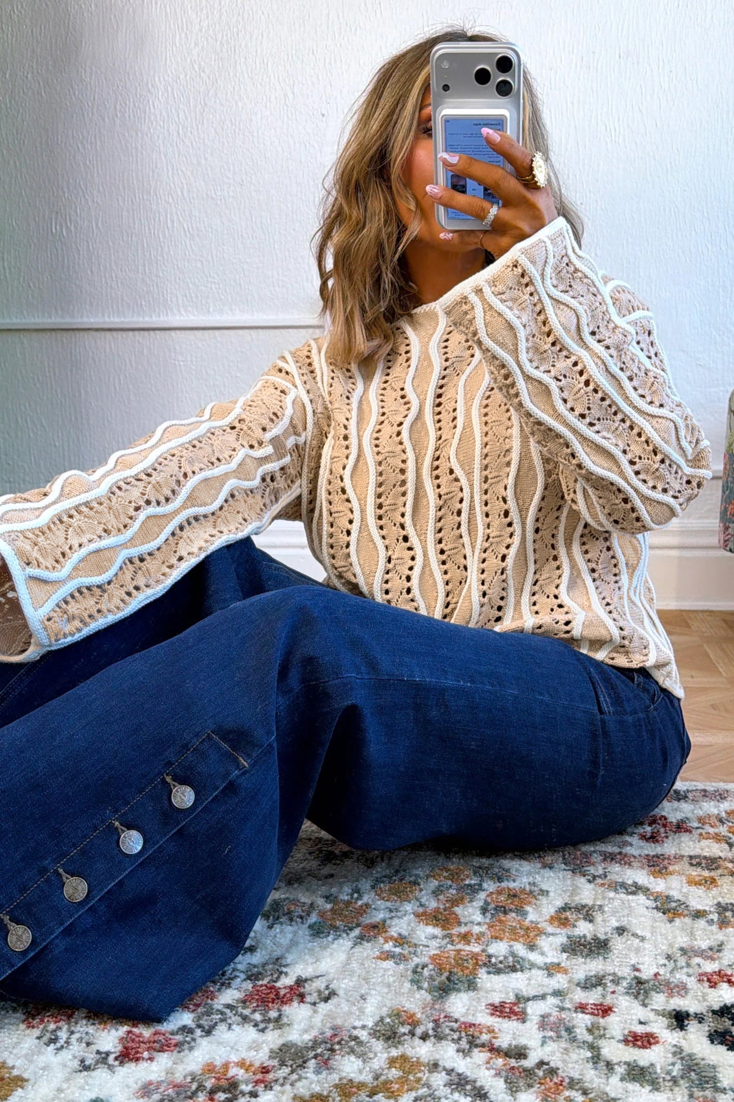 Khaki Wavy Detail Hollow Out Knit Long Sleeve Cotton Pullover Sweater-Sweaters & Cardigans/Sweaters-[Adult]-[Female]-2022 Online Blue Zone Planet