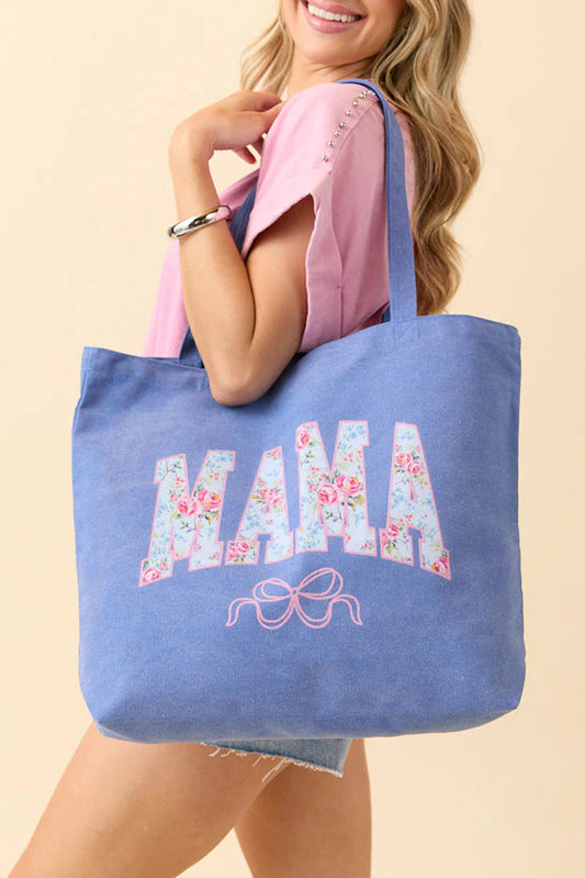 Blue Floral MAMA Letter Bow Print Canvas Tote Bag-Shoes & Bags/Shoulder Bags-[Adult]-[Female]-Blue-ONE SIZE-2022 Online Blue Zone Planet