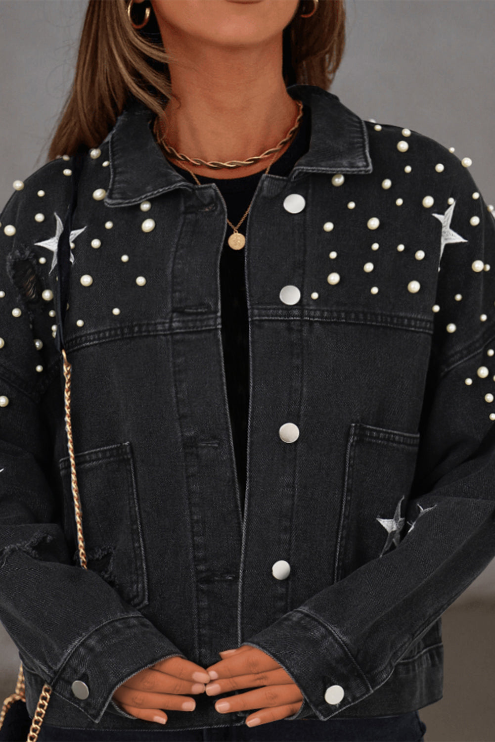 Blue Zone Planet | Black Distressed Pearls Star Cropped Denim Jacket-Outerwear/Denim jackets-[Adult]-[Female]-Black-S-2022 Online Blue Zone Planet