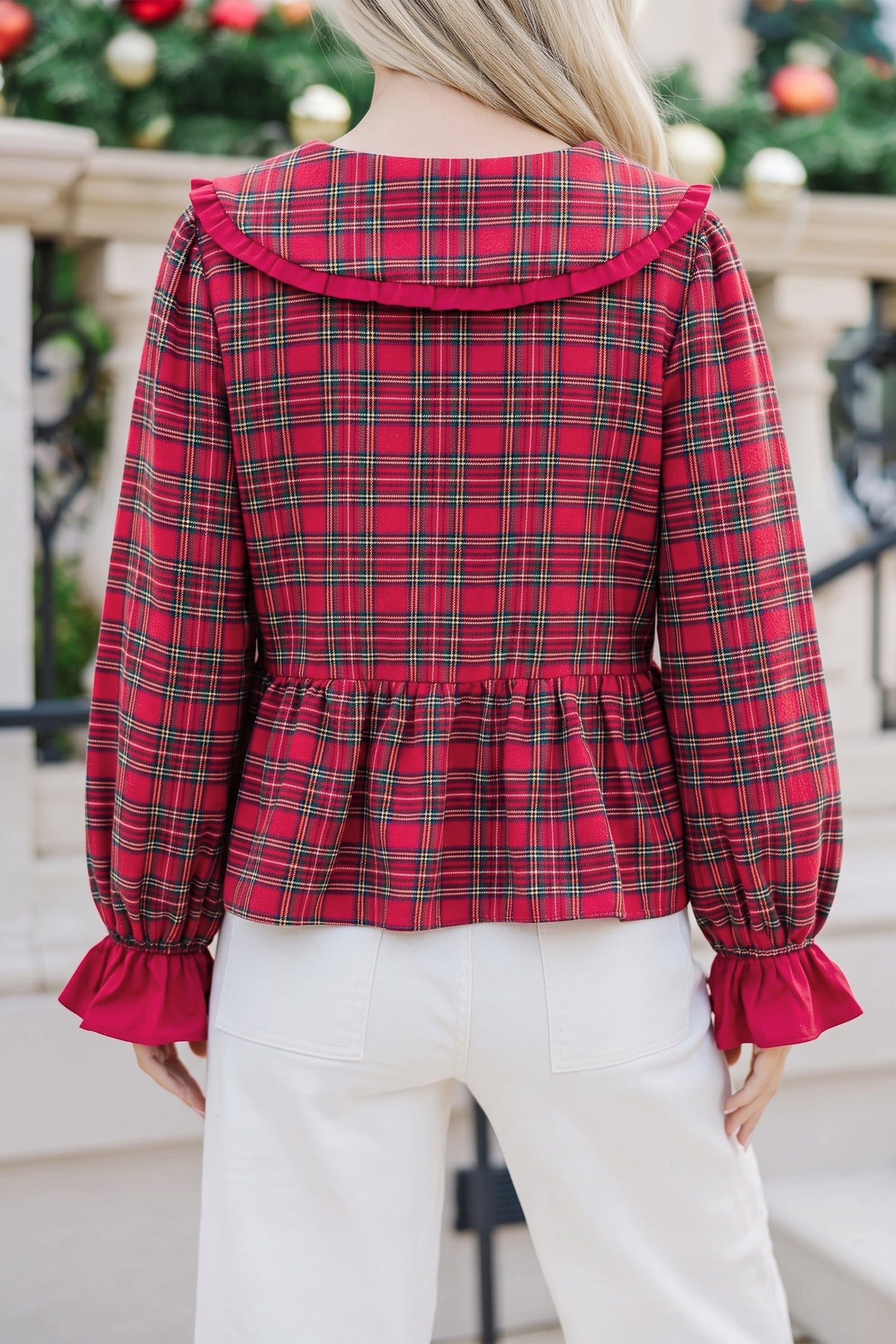 Red Plaid Tie Neck Ruffle Cuffs Long Sleeve Shift Blouse-Tops/Blouses & Shirts-[Adult]-[Female]-2022 Online Blue Zone Planet
