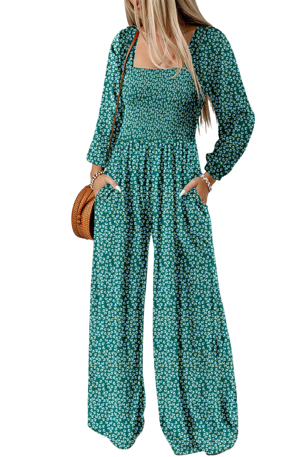 Green Floral Print Western Smocked Bodice Square Neck Wide Leg Jumpsuit-Bottoms/Jumpsuits & Rompers-[Adult]-[Female]-2022 Online Blue Zone Planet