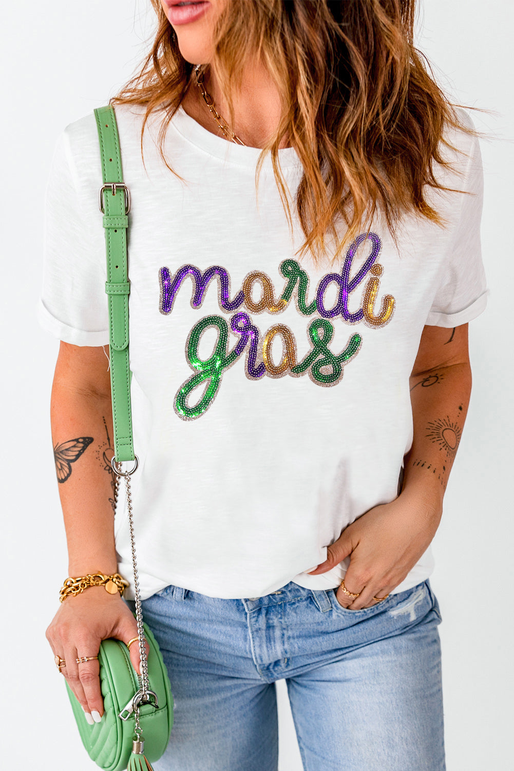 Blue Zone Planet | White Sequin mardi gras Letter Print Crewneck Tee-Graphic Tees-[Adult]-[Female]-2022 Online Blue Zone Planet