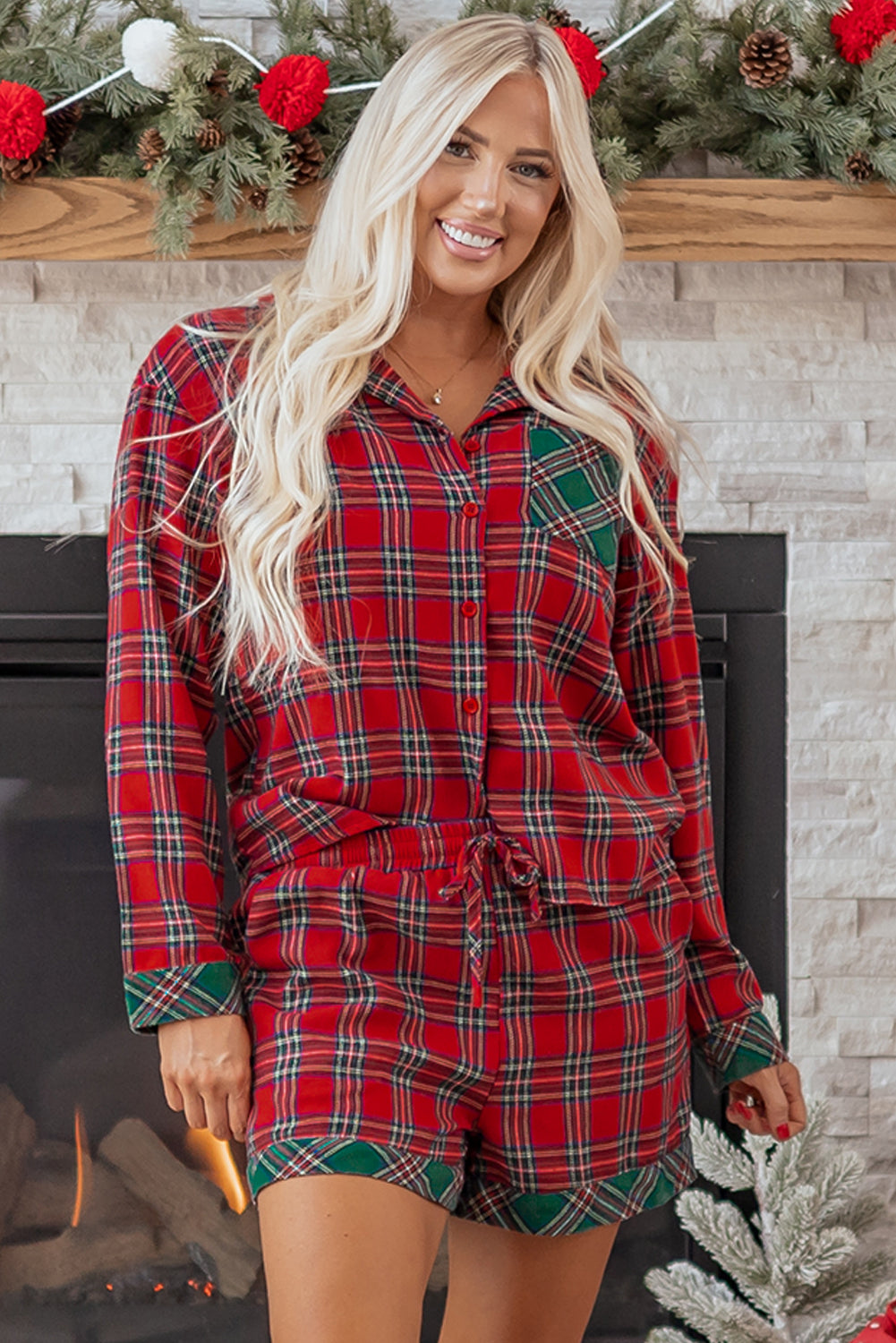 Red Plaid Contrast Patched Christmas Holiday Long Sleeve Shirt And Short 2pcs Pajama Set-Loungewear & Sleepwear/Sleepwear-[Adult]-[Female]-2022 Online Blue Zone Planet