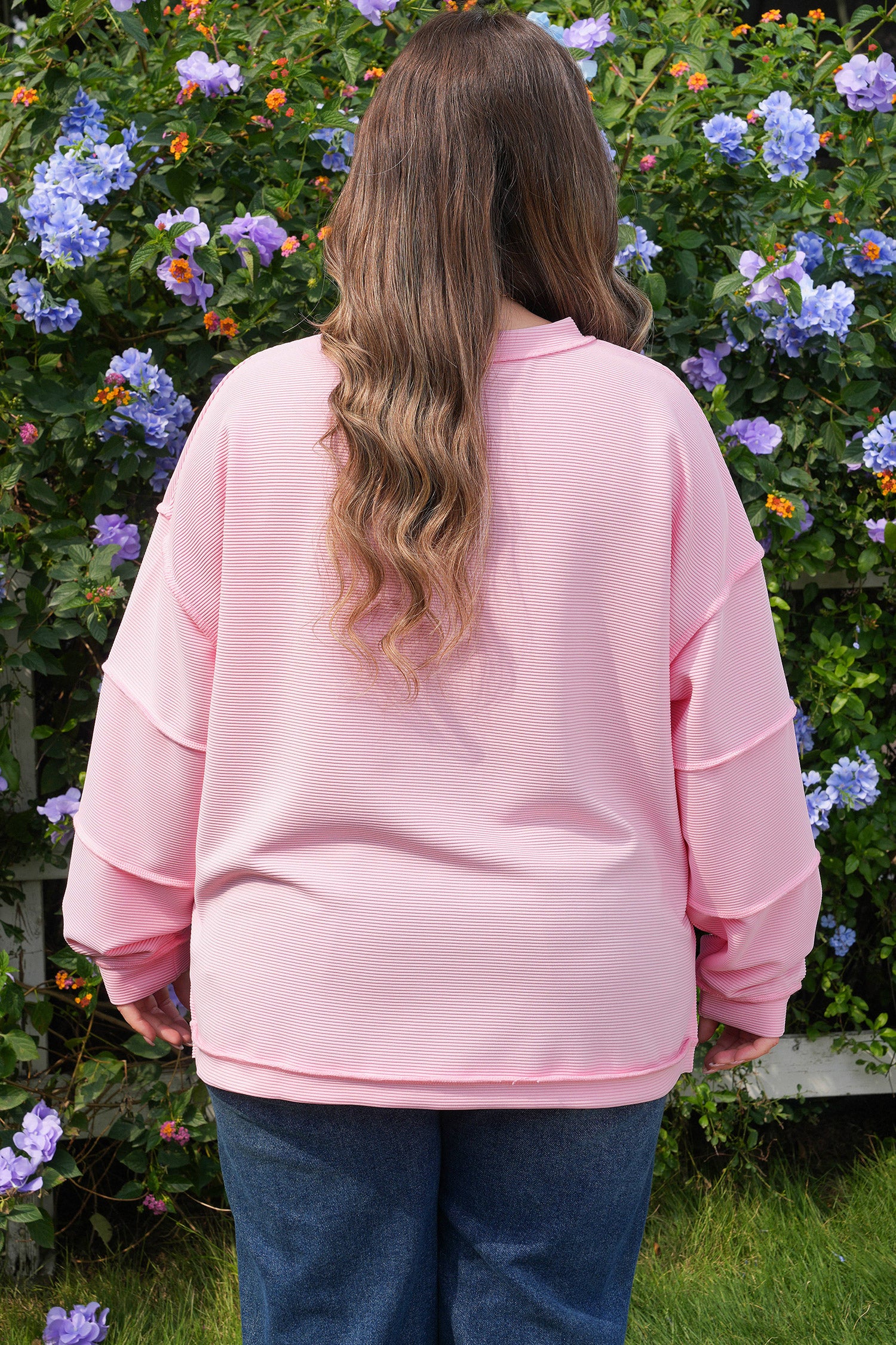 Pink Drop Shoulder Long Sleeve Plus Size Ribbed Top-Plus Size/Plus Size Tops/Plus Size Long Sleeve Tops-[Adult]-[Female]-2022 Online Blue Zone Planet