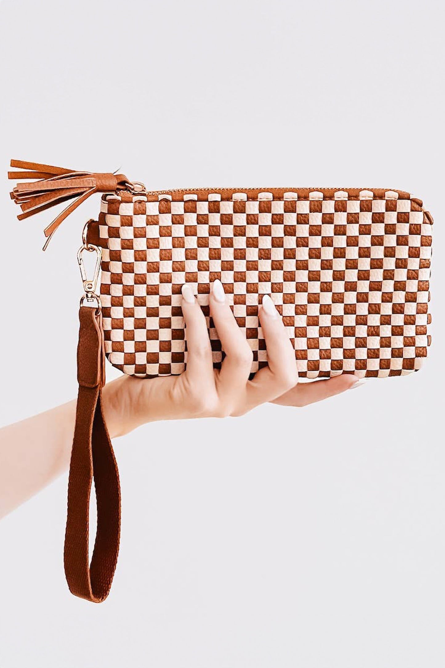 Color black Checkered  Woven Clutch Wristlet PU Leather Large Size Patterned Wallet