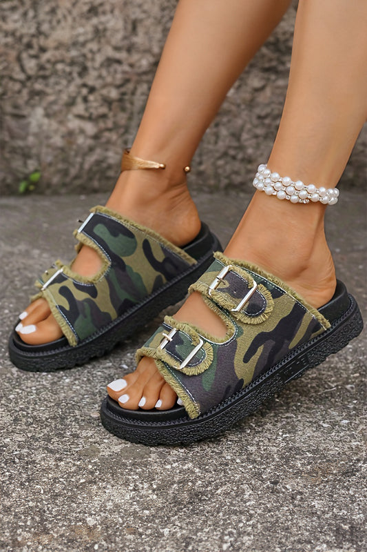Guacamole Green Denim Camouflage Frayed Trim Hollow Out Retro Slippers-Shoes & Bags/Slippers-[Adult]-[Female]-Guacamole Green-37-2022 Online Blue Zone Planet