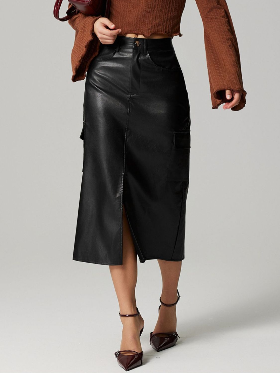 Slit Midi Skirt with Pockets-BOTTOM SIZES SMALL MEDIUM LARGE-[Adult]-[Female]-Black-S-2022 Online Blue Zone Planet