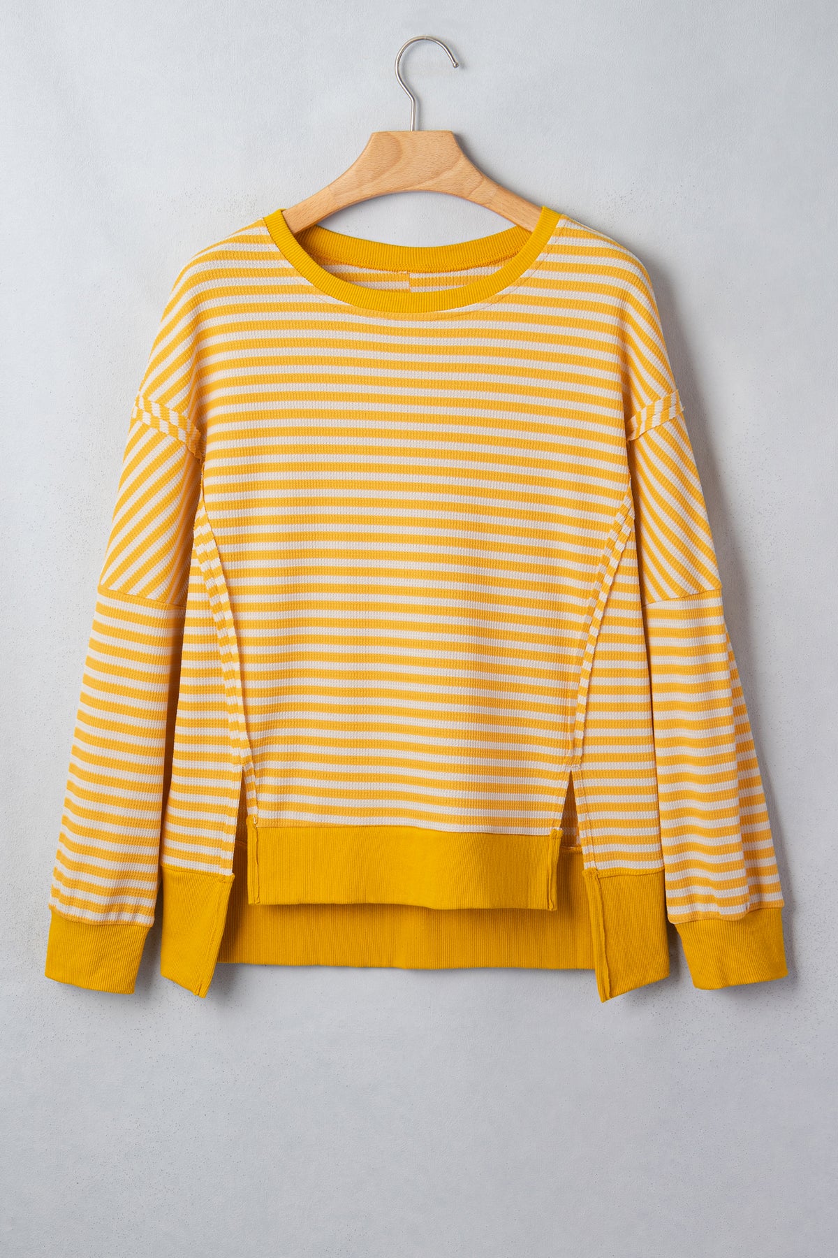 Khaki Stripe Textured Knit Color Block Trim Split Hem Long Sleeve Top-Tops/Long Sleeve Tops-[Adult]-[Female]-2022 Online Blue Zone Planet