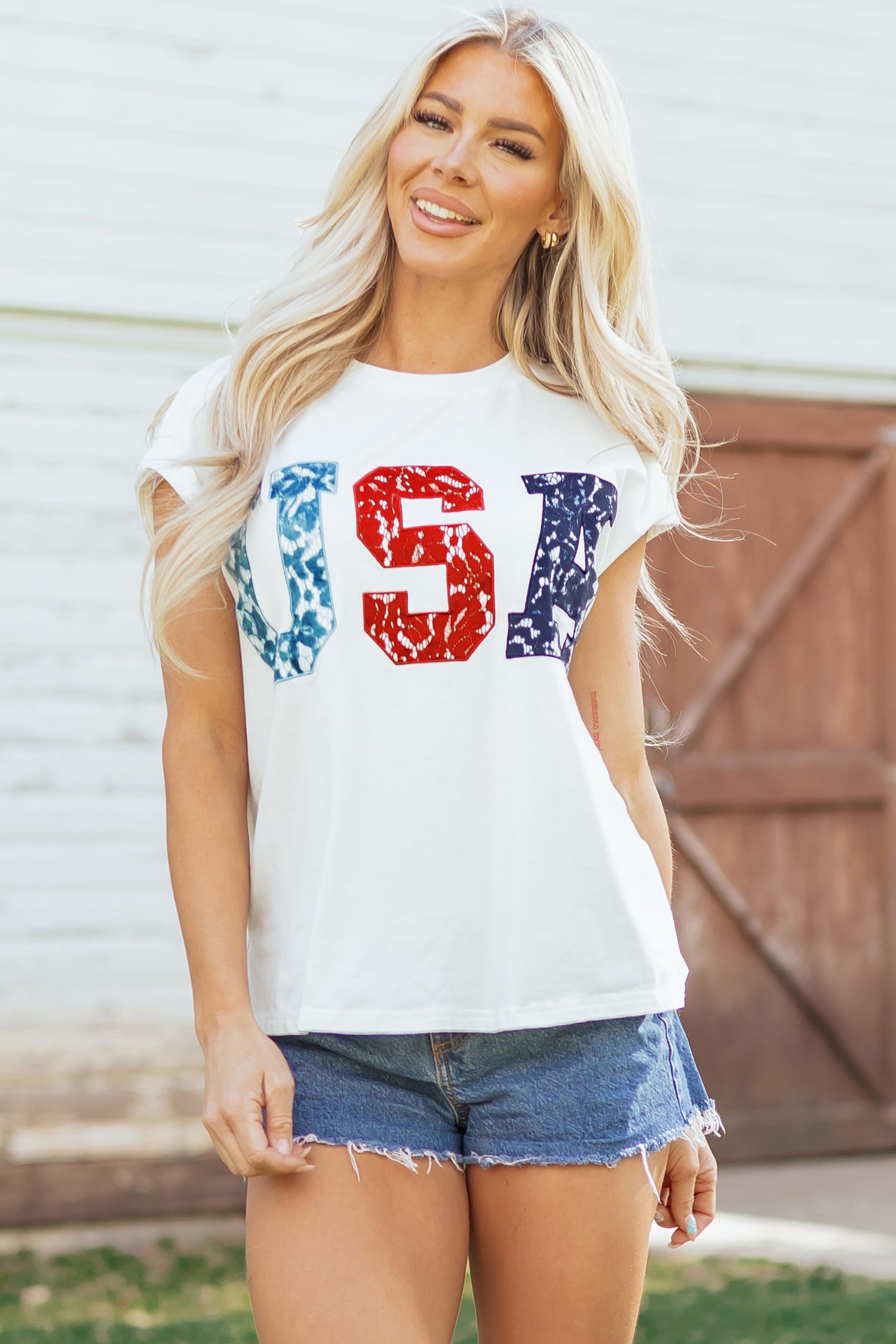 White Usa Color Block Letter Printed Dolman Tee-Tops/Tops & Tees-[Adult]-[Female]-2022 Online Blue Zone Planet
