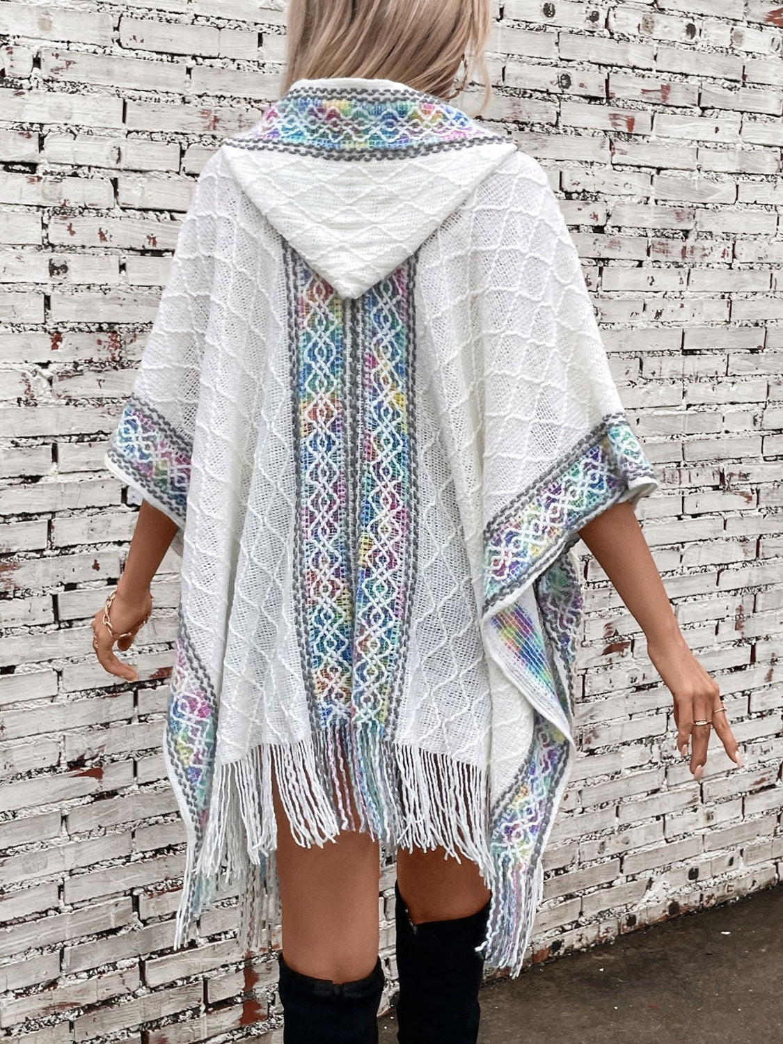 Blue Zone Planet | Fringe Half Sleeve Hooded Poncho-TOPS / DRESSES-[Adult]-[Female]-2022 Online Blue Zone Planet