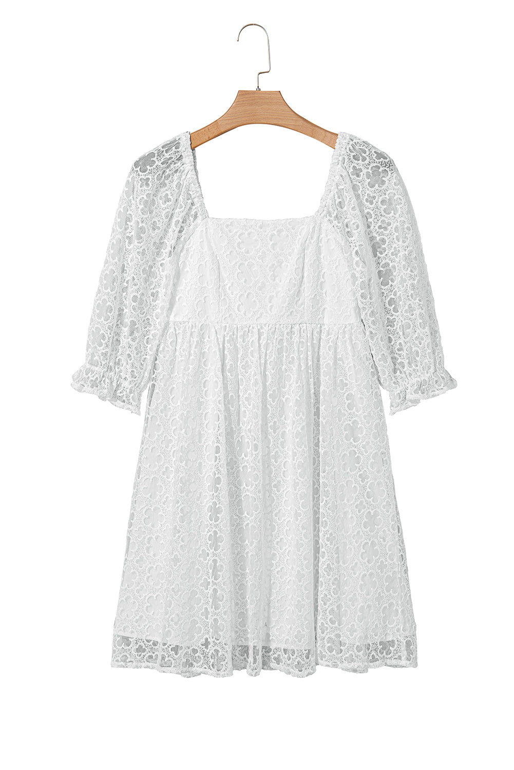 White Floral Lace Puff Sleeve Empire Waist Mini Dress-TOPS / DRESSES-[Adult]-[Female]-2022 Online Blue Zone Planet