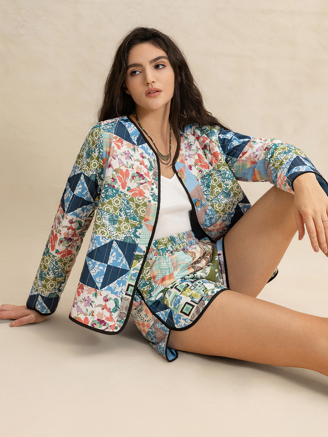 Printed Button Up Long Sleeve Outerwear and Shorts Set-TOPS / DRESSES-[Adult]-[Female]-2022 Online Blue Zone Planet