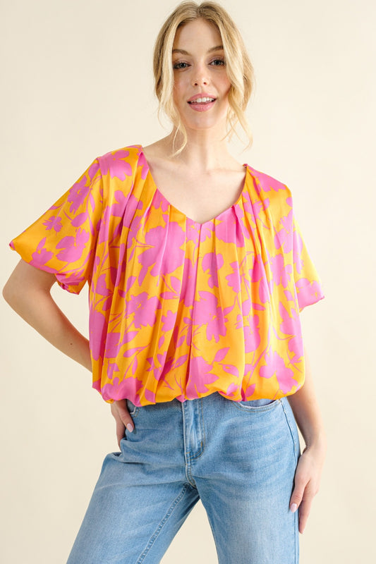 And The Why Full Size Printed Satin Bubble Hem Top-TOPS / DRESSES-[Adult]-[Female]-Citrus-S-2022 Online Blue Zone Planet