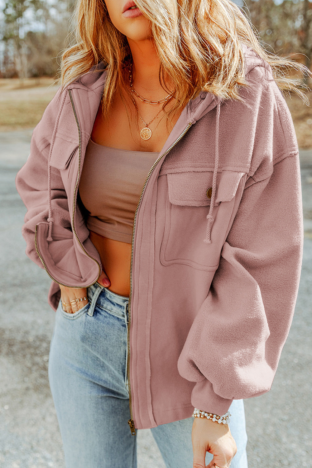 Pink Flap Pocket Drawstring Hood Zip Up Jacket-Tops / Dresses-[Adult]-[Female]-2022 Online Blue Zone Planet