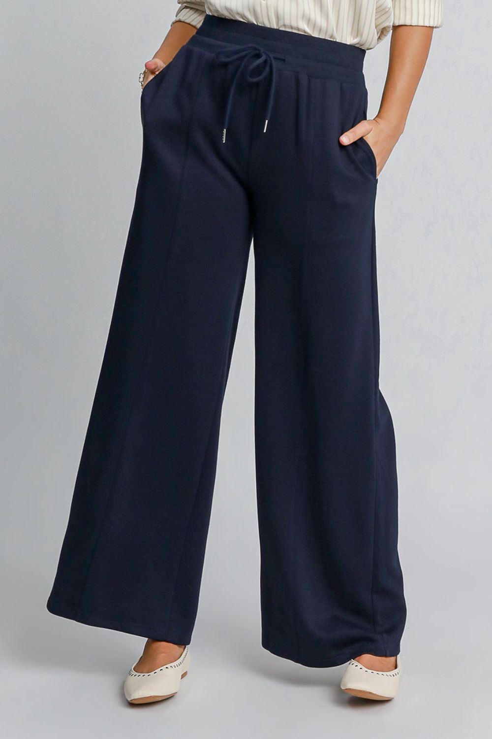 Umgee Drawstring Wide Leg Pants with Pockets-BOTTOMS SIZES SMALL MEDIUM LARGE-[Adult]-[Female]-2022 Online Blue Zone Planet