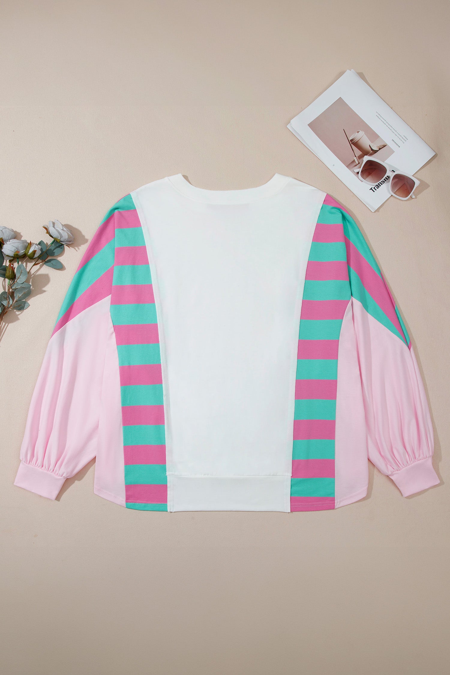 White Striped Colorblock V Neck Shift Long Sleeve Plus Size Blouse-Plus Size/Plus Size Tops/Plus Size Long Sleeve Tops-[Adult]-[Female]-2022 Online Blue Zone Planet