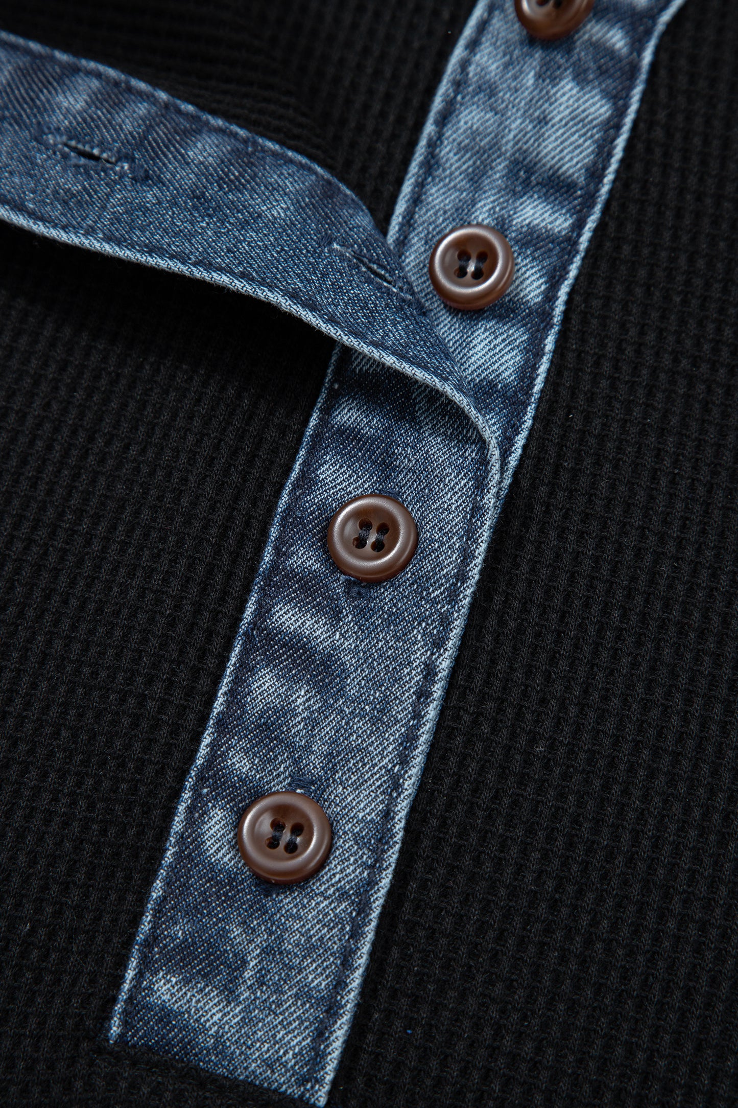 Black Plus Size Textured Contrast Denim Patchwork Button Polo Tee-Plus Size/Plus Size Tops-[Adult]-[Female]-2022 Online Blue Zone Planet