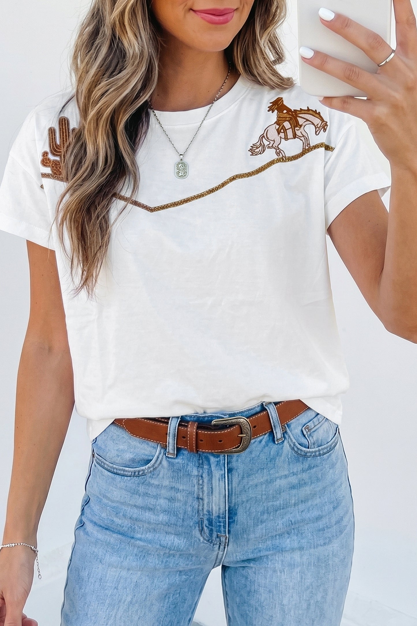 White Western Fashion Embroidered Casual Tee-Tops/Tops & Tees-[Adult]-[Female]-2022 Online Blue Zone Planet