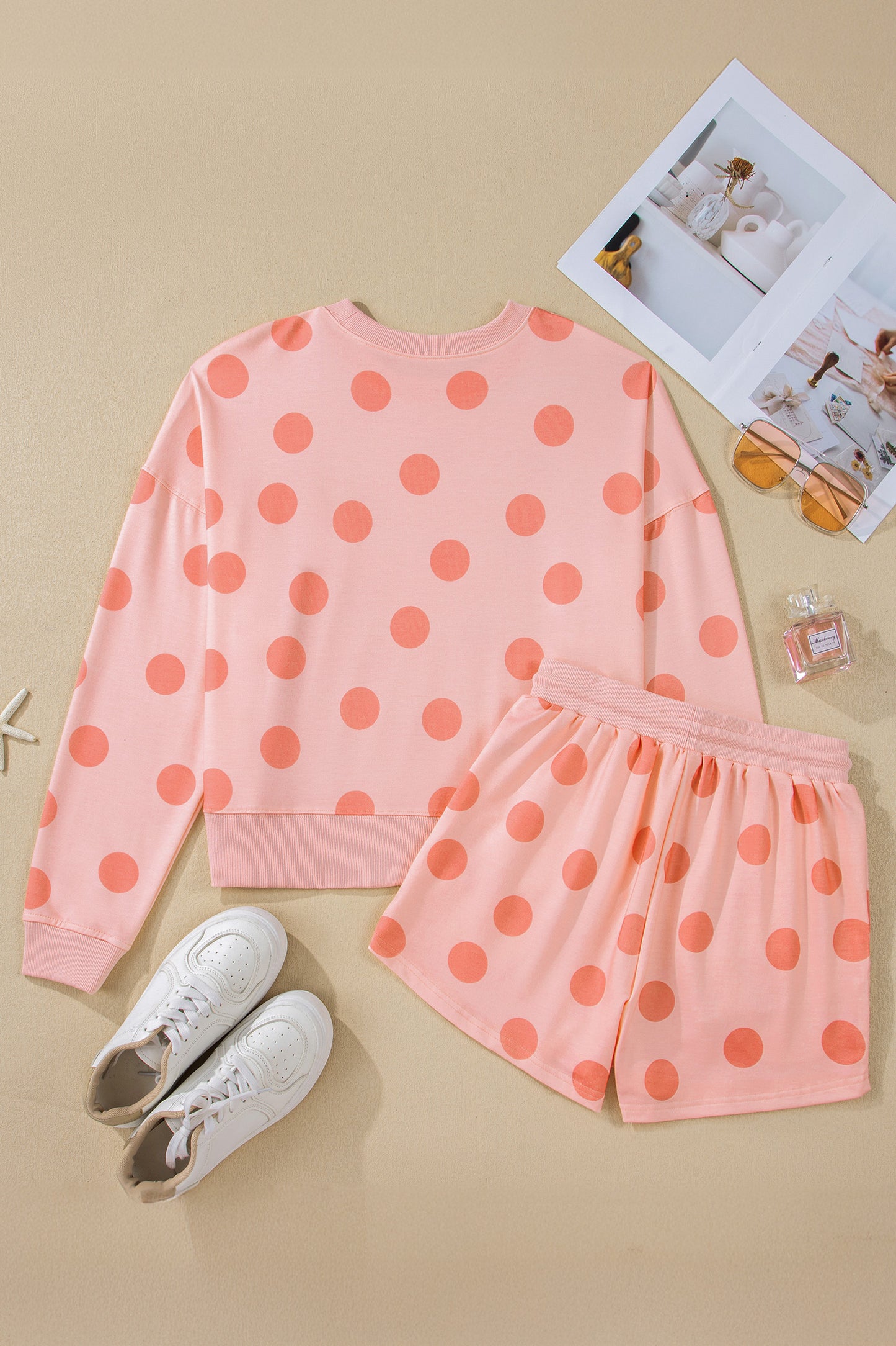 Sky Blue Polka Dot Print Drop Shoulder Pullover Drawstring Shorts Set