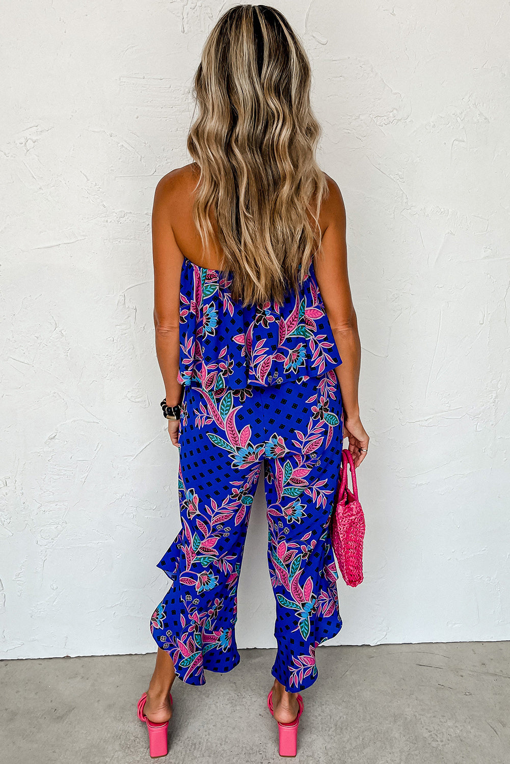 Blue Mix Tropical Print Strapless Ruffled Jumpsuit Blue Zone Planet