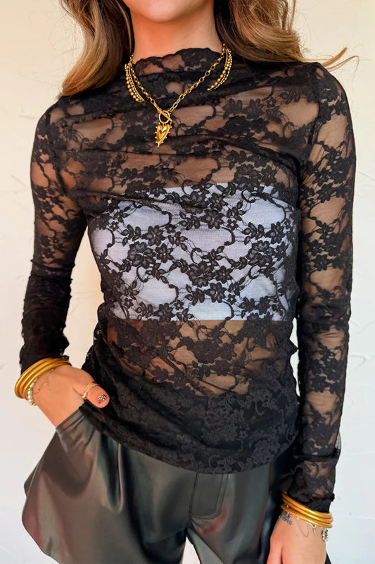 Black Sheer Floral Lace Lettuce Trim Mock Neck Long Sleeve Top-Tops/Long Sleeve Tops-[Adult]-[Female]-Black-S-2022 Online Blue Zone Planet