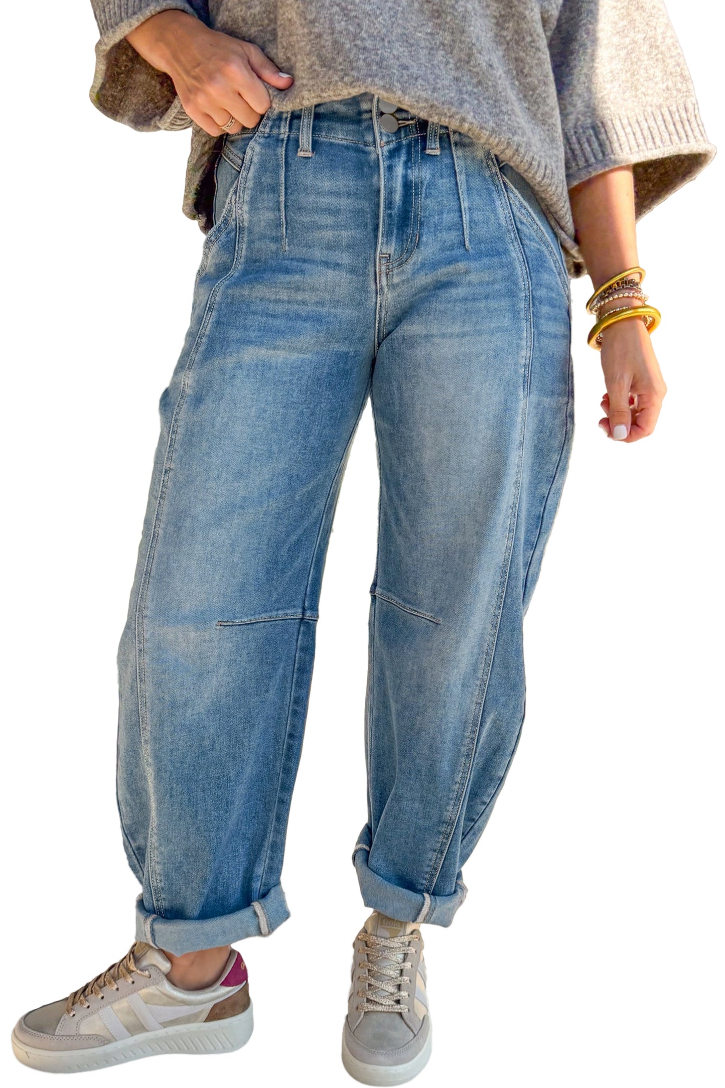 Sky Blue Medium Wash Cuffed Barrel Jeans-TOPS / DRESSES-[Adult]-[Female]-2022 Online Blue Zone Planet