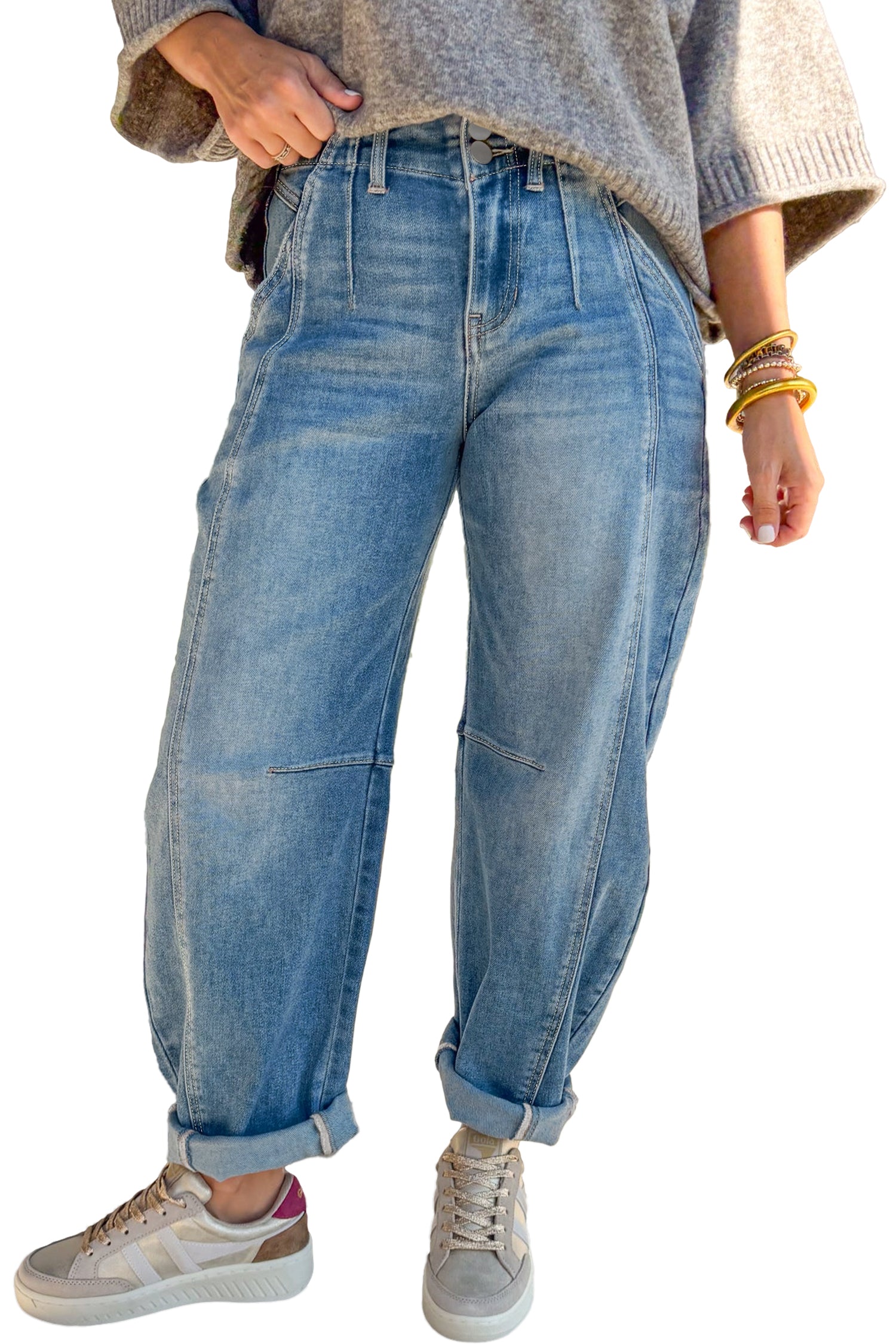 Sky Blue Medium Wash Cuffed Barrel Jeans-TOPS / DRESSES-[Adult]-[Female]-2022 Online Blue Zone Planet