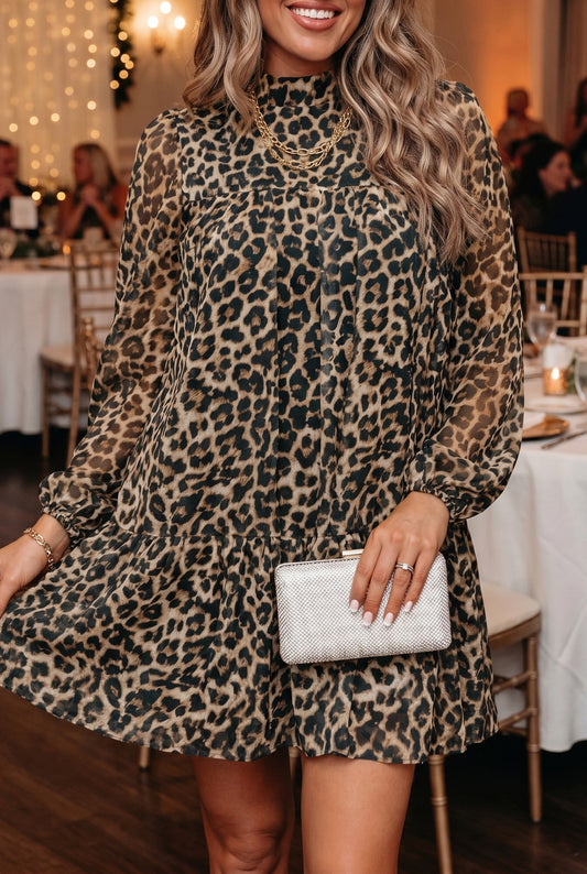 Brown Leopard Print Long Sleeve Short Shift Dress-TOPS / DRESSES-[Adult]-[Female]-Brown-S-2022 Online Blue Zone Planet