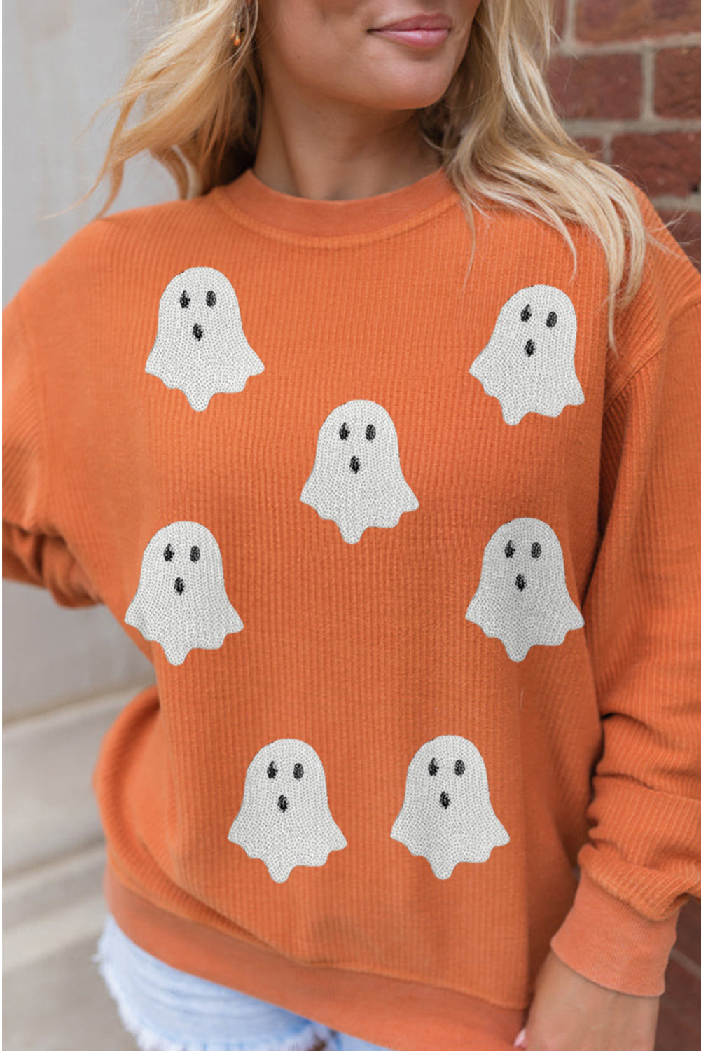 Orange Twisted Ribbed Texture Halloween Ghost Sequin Patched Sweatshirt-Graphic/Graphic Sweatshirts-[Adult]-[Female]-2022 Online Blue Zone Planet