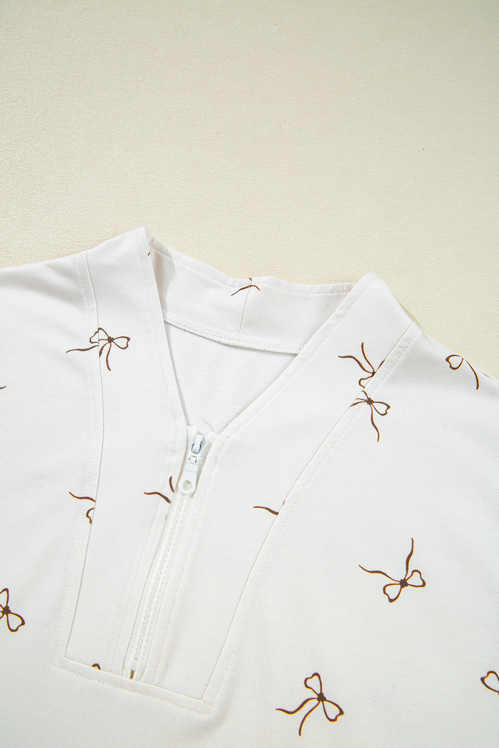 Beige Bow Print Half Zip Tank and Shorts 2pcs Set-Two Piece Sets/Short Sets-[Adult]-[Female]-2022 Online Blue Zone Planet