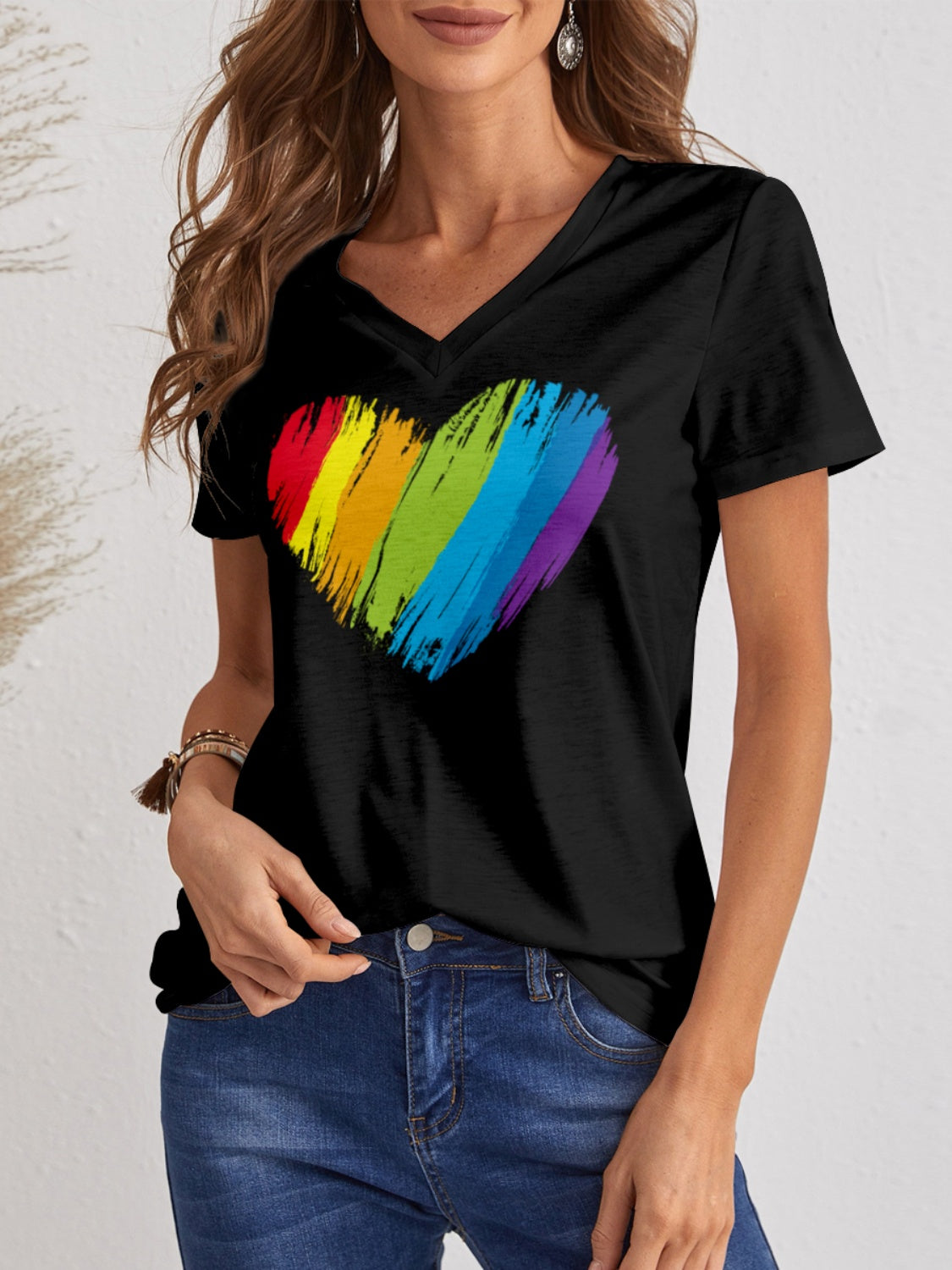 FAM-FAM Heart V-Neck Dropped Shoulder T-Shirt-TOPS / DRESSES-[Adult]-[Female]-Black-S-2022 Online Blue Zone Planet