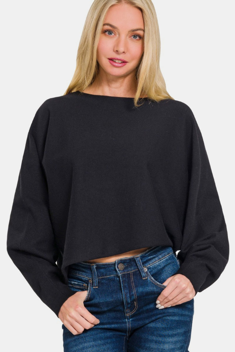 Zenana Asymmetric Hem Long Sleeve Sweater-TOPS / DRESSES-[Adult]-[Female]-Black-S-2022 Online Blue Zone Planet