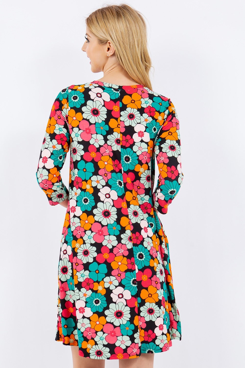 Celeste Full Size Floral Three-Quarter Sleeve Dress with Pockets-TOPS / DRESSES-[Adult]-[Female]-2022 Online Blue Zone Planet