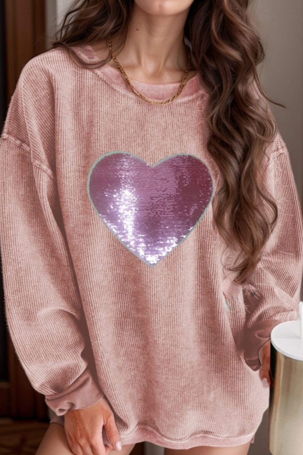 Valentine’s Day Sequin Heart Round Neck Long Sleeve Sweatshirt-TOPS / DRESSES-[Adult]-[Female]-Dusty Pink-S-2022 Online Blue Zone Planet