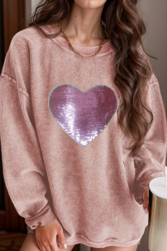 Valentine’s Day Sequin Heart Round Neck Long Sleeve Sweatshirt-TOPS / DRESSES-[Adult]-[Female]-Dusty Pink-S-2022 Online Blue Zone Planet