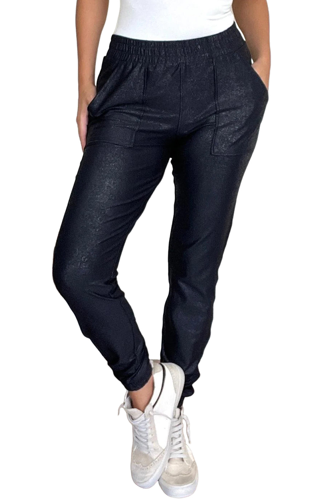 Black Elastic Waist Pocketed Joggers Pants-Pants-[Adult]-[Female]-2022 Online Blue Zone Planet