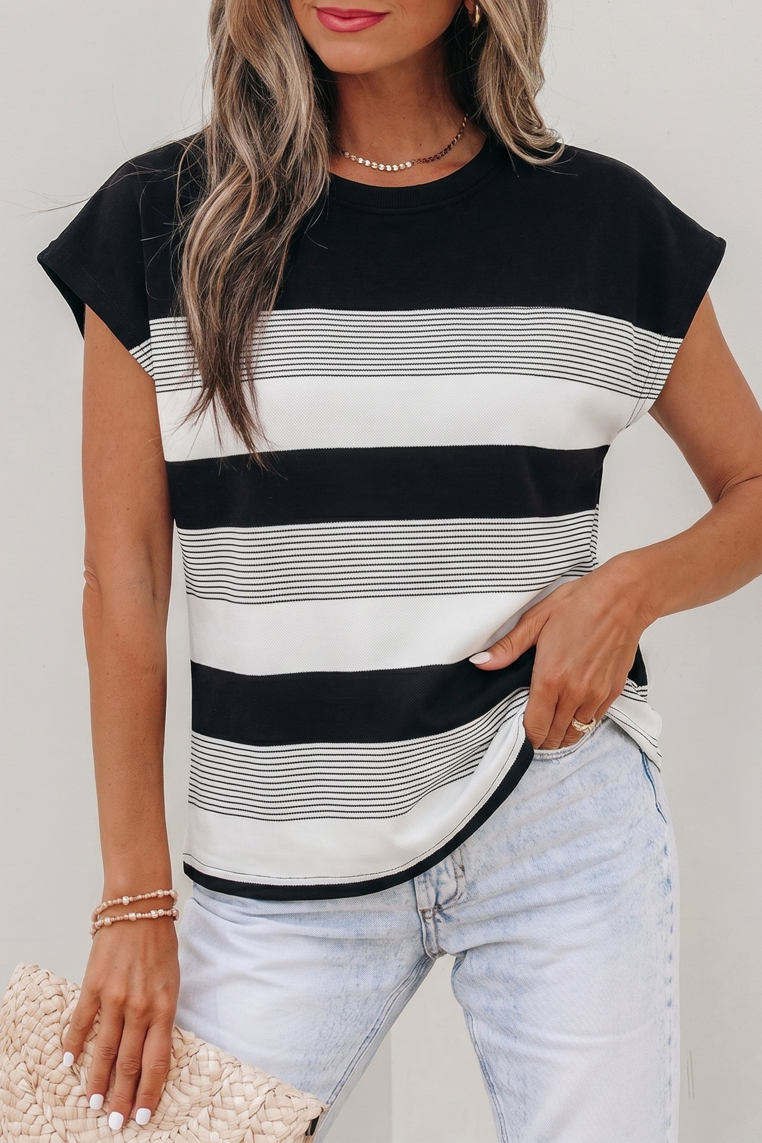 Black Stripe Mixed Print Crew Neck Cap Sleeve T Shirt-Tops/Tops & Tees-[Adult]-[Female]-2022 Online Blue Zone Planet