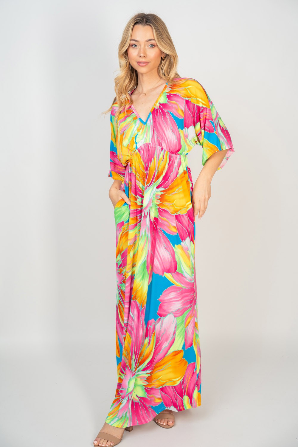 White Birch Printed V-Neck Maxi Dress with Pockets-[Adult]-[Female]-2022 Online Blue Zone Planet